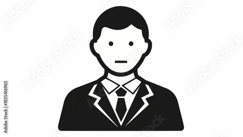 Black and white icon of a man in a business suit and tie, representing a professional or user profile.