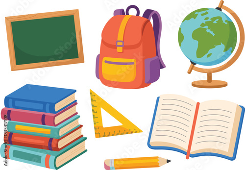 Colorful cartoon school supplies illustration featuring books, backpack, chalkboard, globe, pencil, ruler, and notebook in playful 3D style