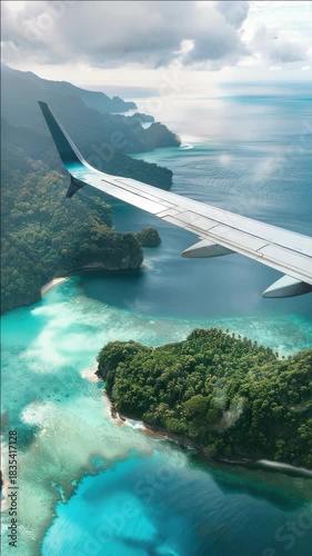Wallpaper Mural An airplane flies over a turquoise sea near lush green islands and mountains. Torontodigital.ca