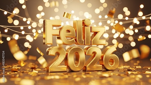 Letreiro dourado Feliz 2026 sobre confetes dourados e luzes festivas desfocadas