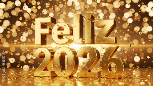 Letreiro dourado Feliz 2026 sobre confetes dourados e luzes festivas desfocadas