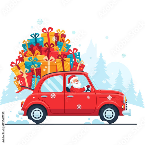 Santa Claus driving a red car overloaded with Christmas gifts in a snowy winter landscape.