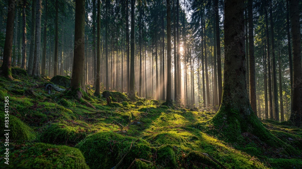 Obraz premium A serene forest scene with tall trees, soft light filtering through, and a lush green mossy ground.