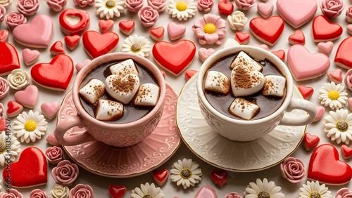 Two mugs of hot chocolate with heart-shaped marshmallows surrounded by candy hearts and flowers for a sweet Valentine's Day concept and romantic celebration