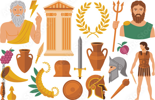 Ancient Greek mythology illustrations with gods temples laurel wreath armor pottery scrolls fruit bowl and classical cultural elements