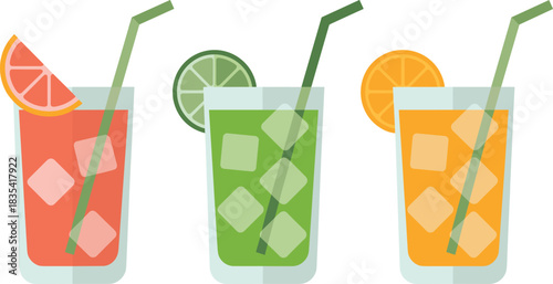 Colorful refreshing fruit juice drinks with ice cubes and straws in flat minimalist style featuring grapefruit lime and orange slices