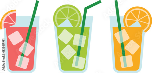 Colorful refreshing fruit juice drinks with ice cubes and straws in flat minimalist style featuring grapefruit lime and orange slices