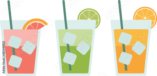 Colorful refreshing fruit juice drinks with ice cubes and straws in flat minimalist style featuring grapefruit lime and orange slices