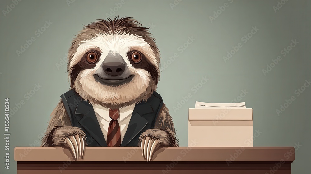 Obraz premium A cheerful sloth in a suit sits at a desk, exuding a quirky charm, blending business attire with a relaxed demeanor.