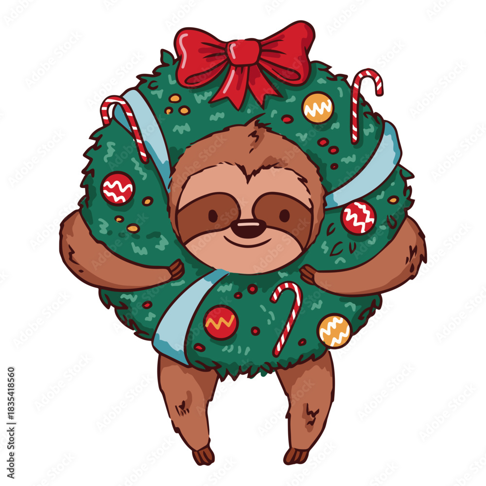 Obraz premium Christmas sloth with decorations illustration