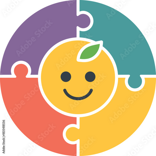 Colorful circular puzzle logo with smiling fruit character in center, modern flat vector design for education, wellness, teamwork and branding