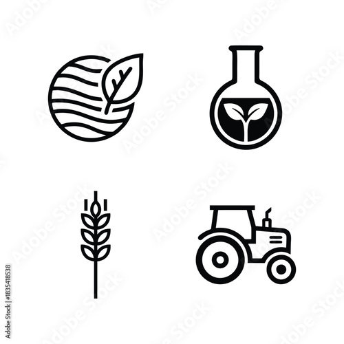 Agriculture & Biotechnology Icon Set: Farming, Crops, Science, and Farm Machinery