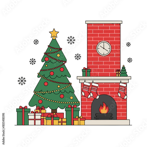 Cozy Christmas scene with a decorated tree, fireplace, stockings, and many presents, surrounded by falling snowflakes.