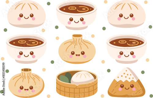 Cute kawaii dumpling and soup illustration, adorable Asian food characters, sweet cartoon dim sum pattern for kids, stickers, packaging, and digital design