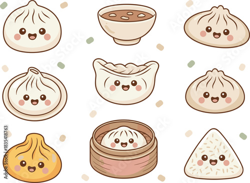 Cute kawaii dumpling and soup illustration, adorable Asian food characters, sweet cartoon dim sum pattern for kids, stickers, packaging, and digital design