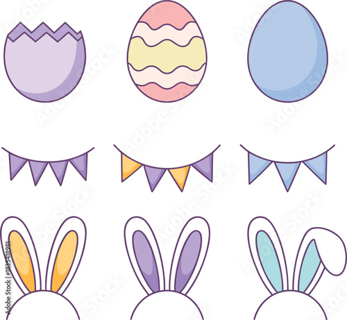 Cute pastel Easter illustration set with eggs, bunny ears and festive bunting, adorable spring holiday graphics for celebration,