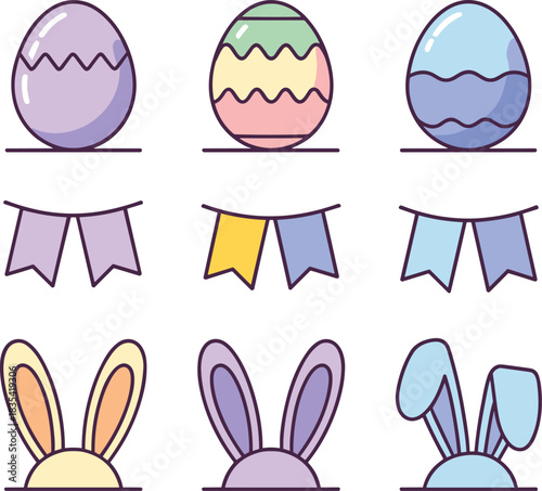Cute pastel Easter illustration set with eggs, bunny ears and festive bunting, adorable spring holiday graphics for celebration,