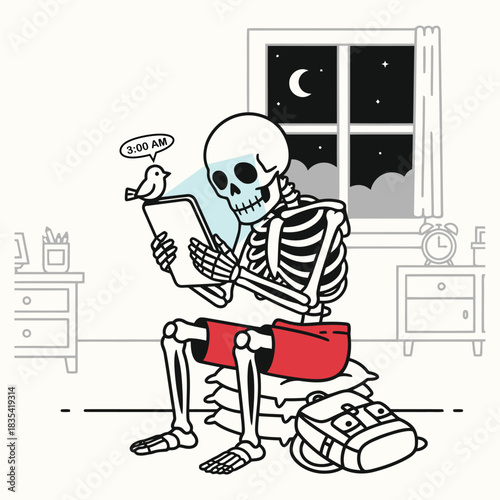 Funny Insomniac Skeleton Doomscrolling on Phone at 3 AM