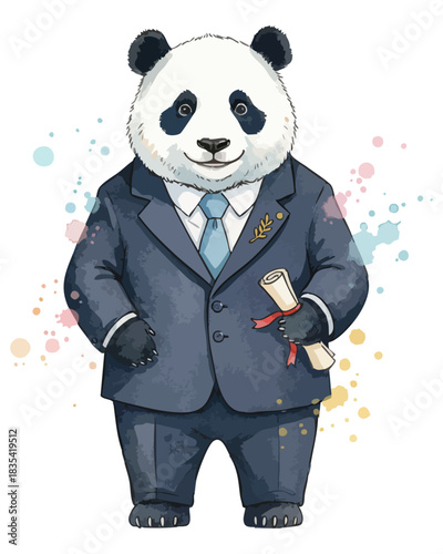 Watercolor panda businessman. Cartoon business panda holding diploma. Funny achievement artwork. Cute panda bear graduate illustration. Panda character in navy suit with tie. Corporate mascot art