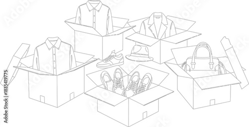 Boxes clothing shirts shoes hat bag fashion apparel retail delivery package move