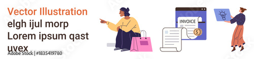 Online shopping, payment processing, e-commerce management, delivery, customer services, financial transactions. A woman with shopping bags and an invoice. Online shopping and payment processing ion