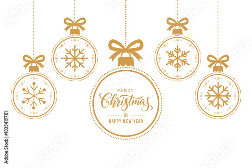 Elegant gold Christmas baubles with snowflake designs and bows hanging on white background, festive greeting text in center circle, minimalist holiday card for Merry Christmas and Happy New Year.