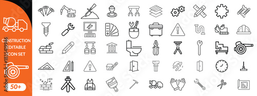 Construction and tools line editable icon set. Set of  outline icons related to repair, maintenance, construction. Linear icon collection. Editable stroke. Vector illustration.