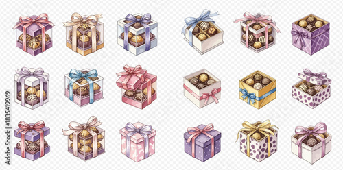 Watercolor illustration set of various gift boxes filled with chocolates and tied with bows, perfect for celebrations and holidays.