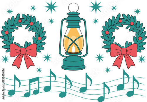 Festive Christmas illustration with glowing lantern, holiday wreaths, musical notes and stars, traditional seasonal decoration design for winter celebrations