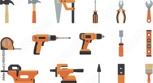 Flat design construction tools set with drills, hammers, saws, screwdrivers, pliers, measuring tape, level, power tools and accessories