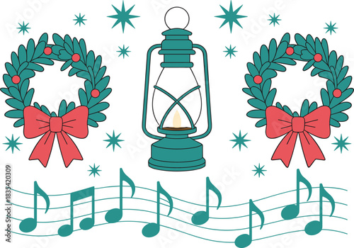 Festive Christmas illustration with glowing lantern, holiday wreaths, musical notes and stars, traditional seasonal decoration design for winter celebrations