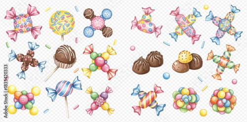 A vibrant collection of watercolor illustrations featuring various colorful candies, chocolates, lollipops, and sweet treats arranged in a delightful pattern.