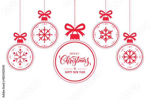 Elegant RED Christmas baubles with snowflake designs and bows hanging on white background, festive greeting text in center circle, minimalist holiday card for Merry Christmas and Happy New Year.