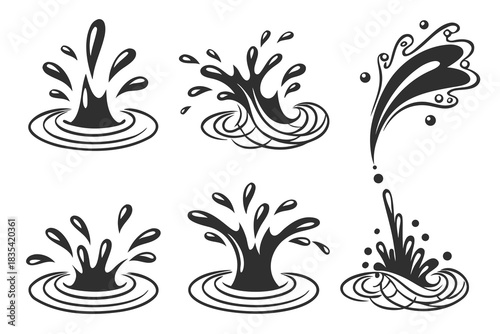 Water drops, black sea ocean waves stencil. Liquid elements, cry droplet icons vector set. Ink, sauce, river isolated