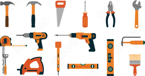 Flat design construction tools set with drills, hammers, saws, screwdrivers, pliers, measuring tape, level, power tools and accessories