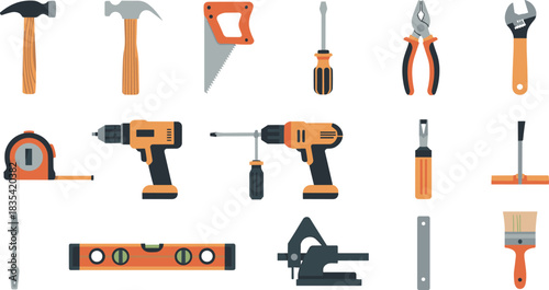 Flat design construction tools set with drills, hammers, saws, screwdrivers, pliers, measuring tape, level, power tools and accessories
