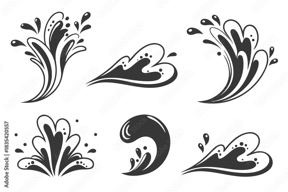 Obraz premium Water drops, black sea ocean waves stencil. Liquid elements, cry droplet icons vector set. Ink, sauce, river isolated