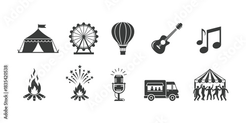 Festival icons set carnival music food and entertainment silhouettes
