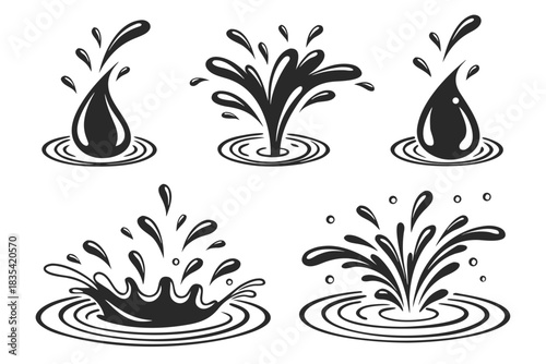 Water drops, black sea ocean waves stencil. Liquid elements, cry droplet icons vector set. Ink, sauce, river isolated