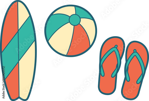 Flat illustration of beach accessories including surfboard, beach ball and flip-flops, colorful summer design for vacation, travel, holiday and lifestyle projects