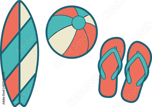Flat illustration of beach accessories including surfboard, beach ball and flip-flops, colorful summer design for vacation, travel, holiday and lifestyle projects
