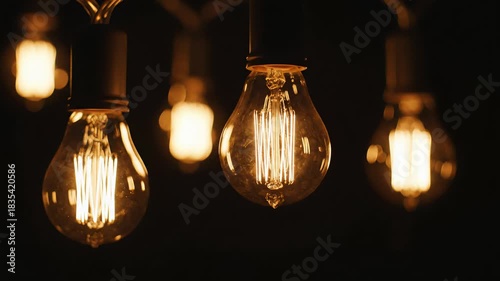 Warm glowing light bulbs hang from above, showcasing intricate filament designs, as the camera smoothly zooms in, capturing the ambiance and texture of the scene