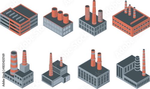Isometric industrial factory building set, modern manufacturing plant icons, industrial architecture illustration collection for engineering, infrastructure planning, and construction design projects