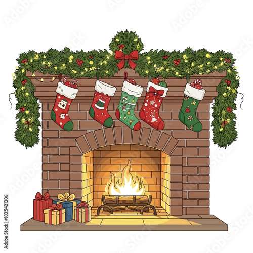 Cozy brick fireplace with a roaring fire, decorated with a festive garland and five Christmas stockings hanging from the mantel.