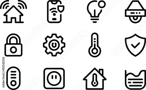 Collection of smart home technology icons representing automation security and control systems for modern living and energy efficiency in a simple outline style