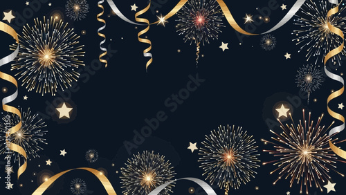 Celebrate with sparkling golden fireworks and ribbons, perfect for festive occasions, parties, and events with copy space, originally a scalable vector graphic