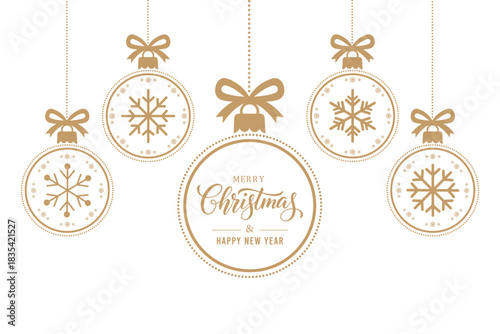 Elegant gold Christmas baubles with snowflake designs and bows hanging on white background, festive greeting text in center circle, minimalist holiday card for Merry Christmas and Happy New Year.