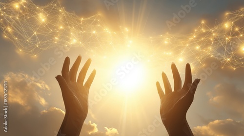 A pair of hands reaches towards a glowing light, symbolizing hope, growth, and connection amidst a serene sky.