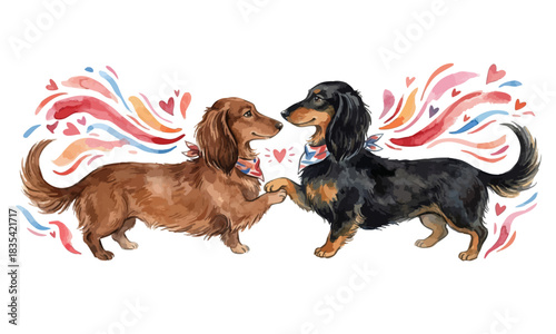 Cute watercolor dachshunds holding paws. Sweet wiener dogs in love. Valentine's day pet art. Dachshund couple illustration. Adorable wiener dog lovers gift, puppy merch. Two happy dachshunds handshake
