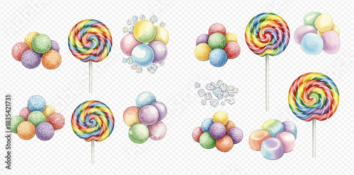 A vibrant assortment of spiral lollipops and pastel-colored gumballs, presented in various arrangements.